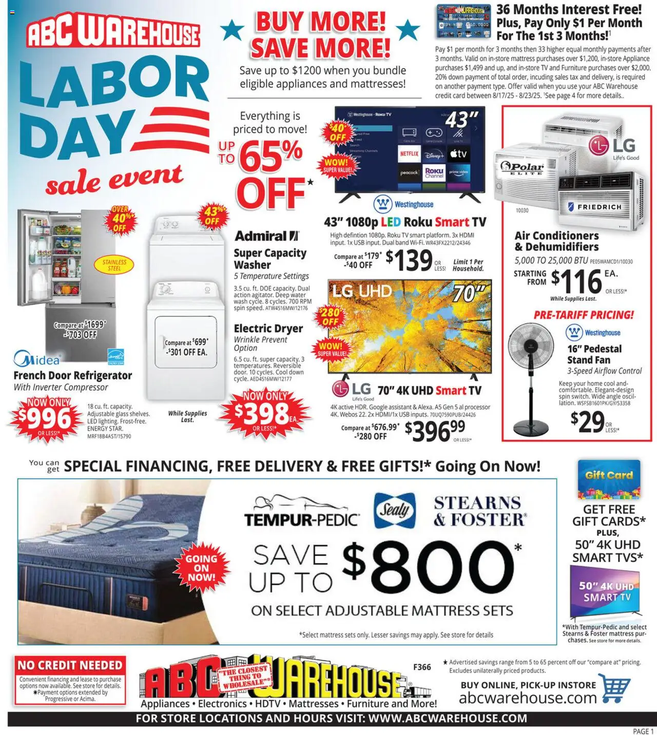 ABC Warehouse Weekly Ad - page 1- valid from 08/17/2025