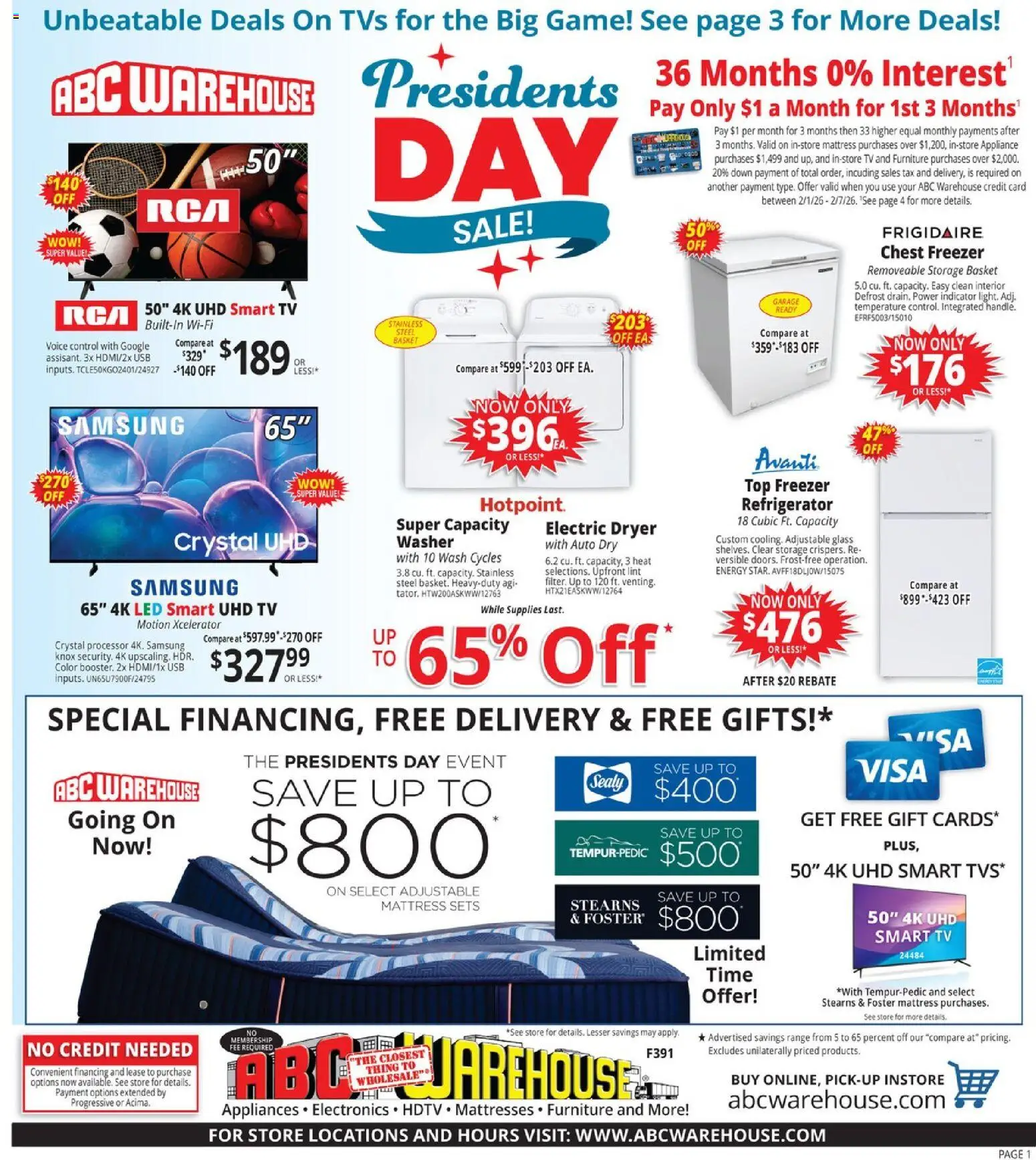 ABC Warehouse Weekly Ad - page 1- valid from 02/01/2026