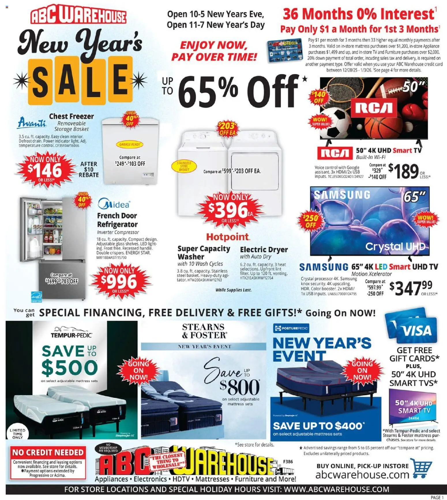 ABC Warehouse Weekly Ad - page 1- valid from 12/28/2025