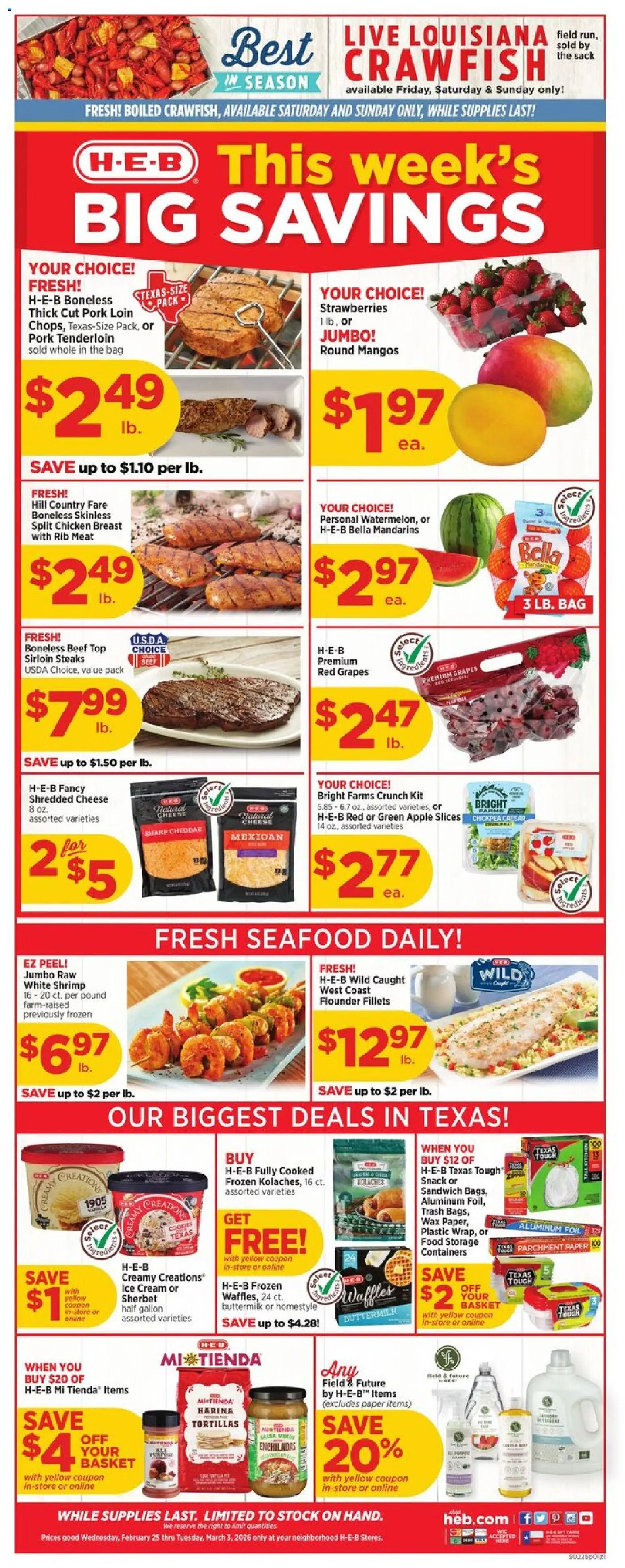 H-E-B Weekly Ad - page 1- valid from 02/25/2026