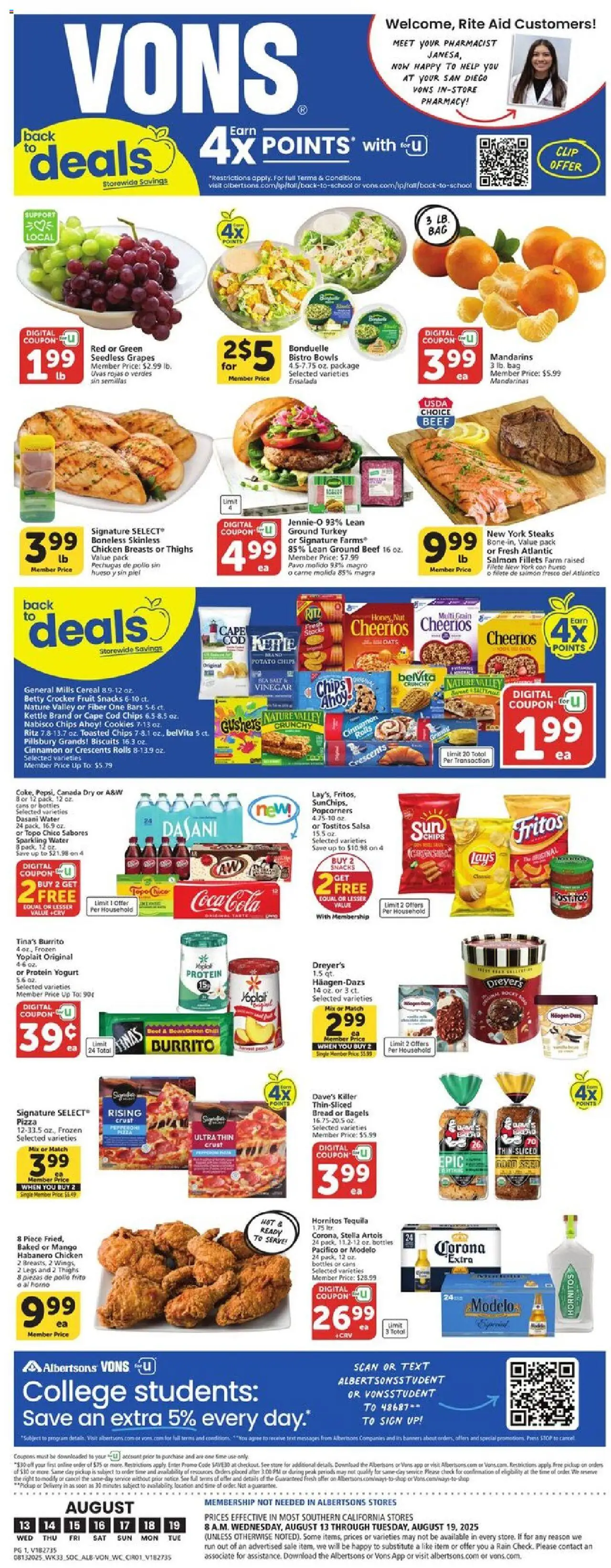 Vons Weekly Ad - page 1- valid from 08/13/2025