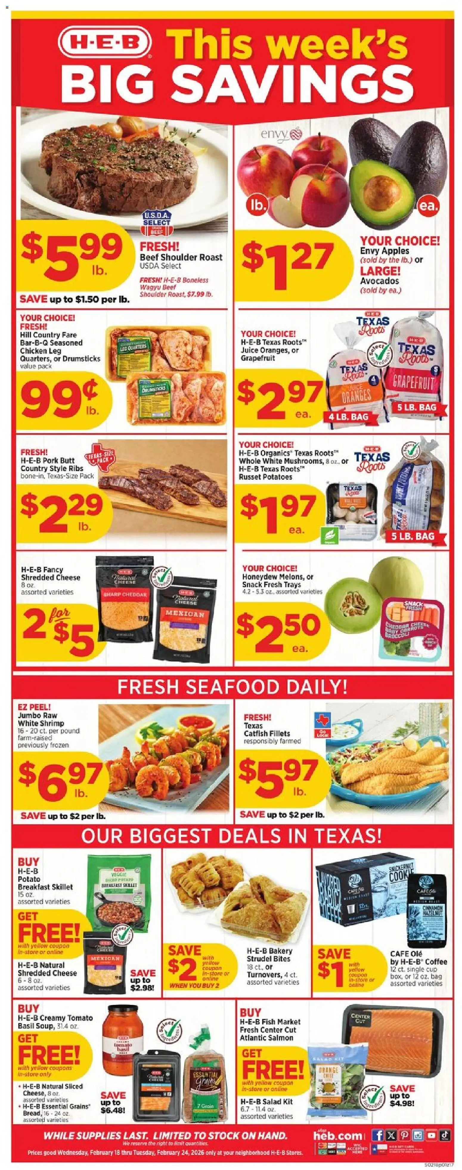 H-E-B Weekly Ad - page 1- valid from 02/18/2026