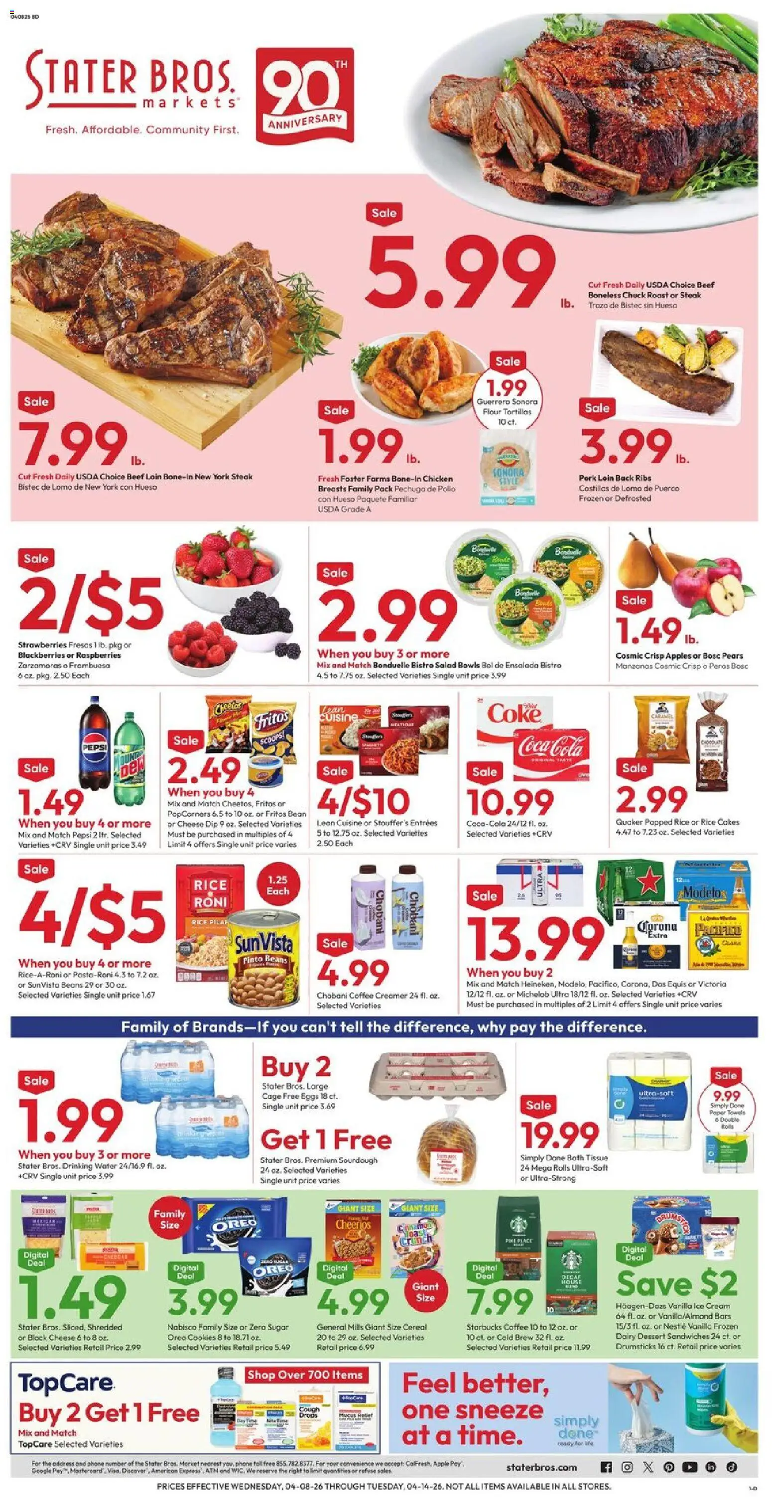 Stater Bros Weekly Ad - page 1- valid from 04/08/2026