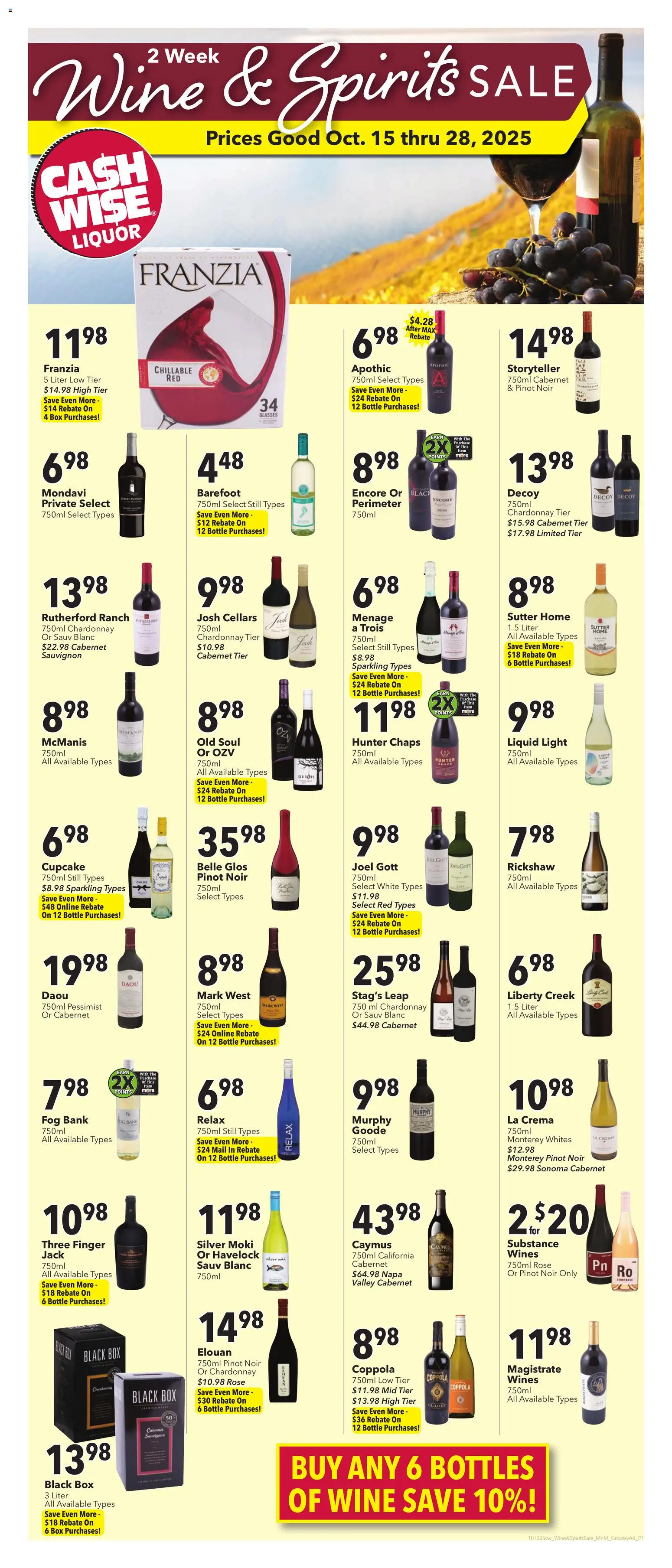 Cash Wise Wine & Spirits Sale - page 1- valid from 10/15/2025