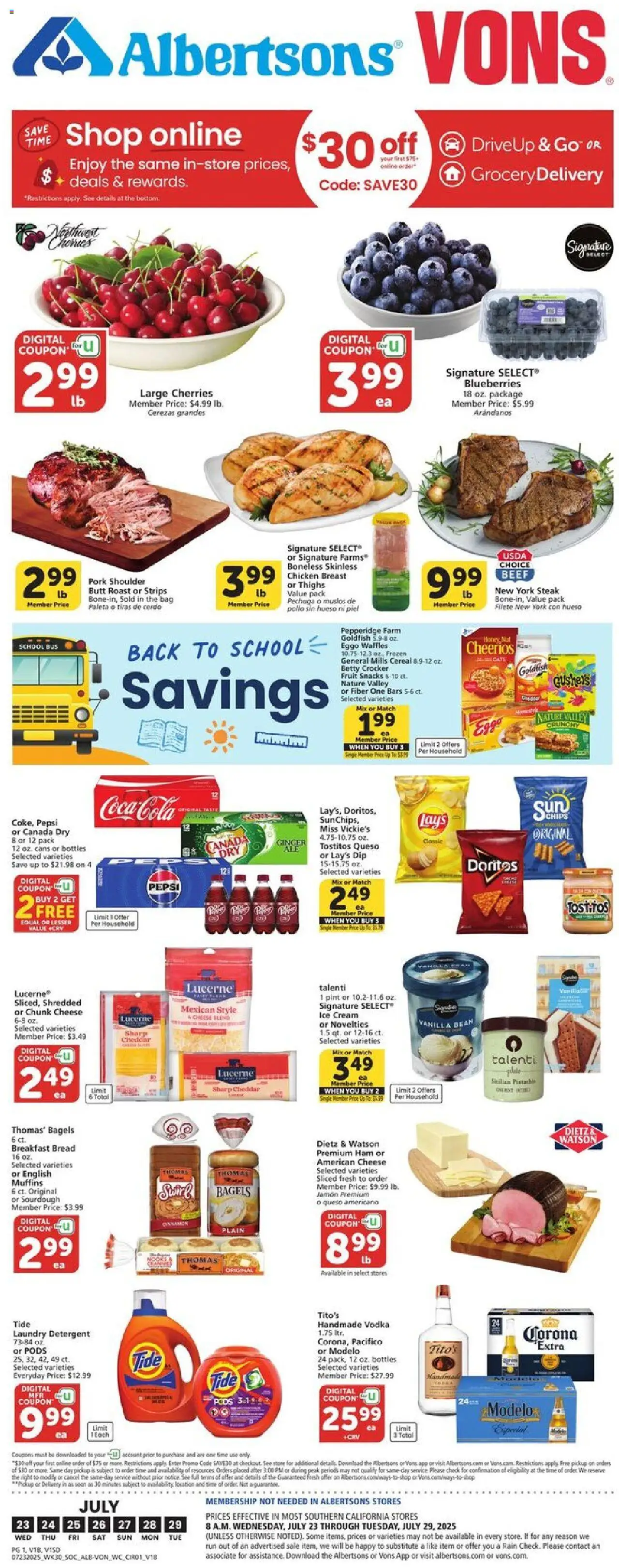 Vons Weekly Ad - page 1- valid from 07/23/2025