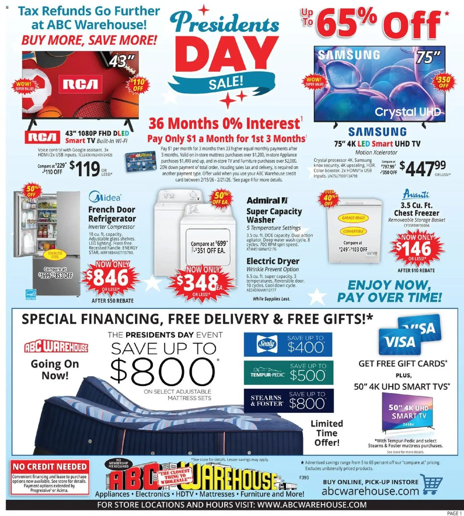 ABC Warehouse Weekly Ad - page 1- valid from 02/15/2026