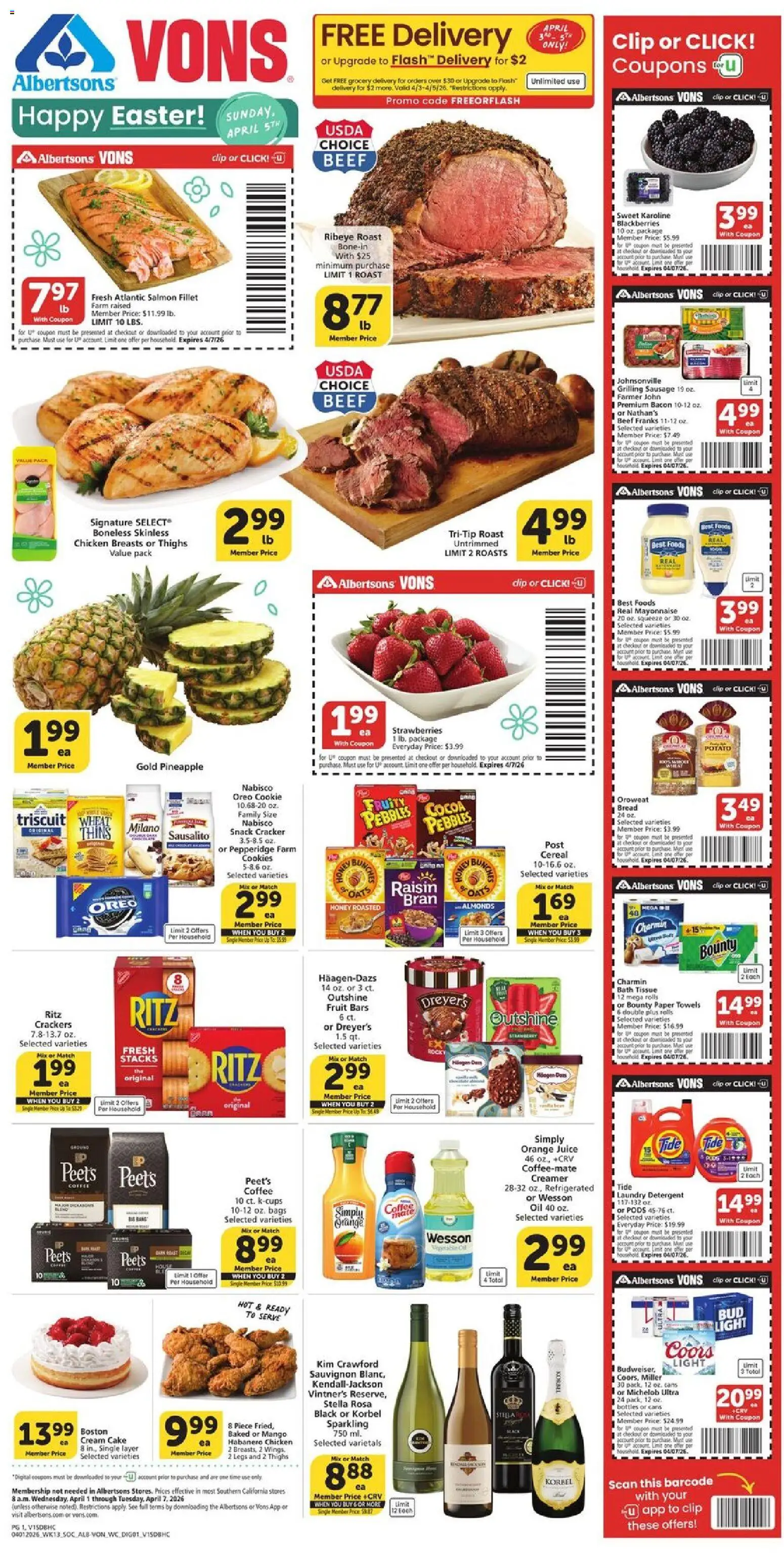 Vons Weekly Ad - page 1- valid from 04/01/2026