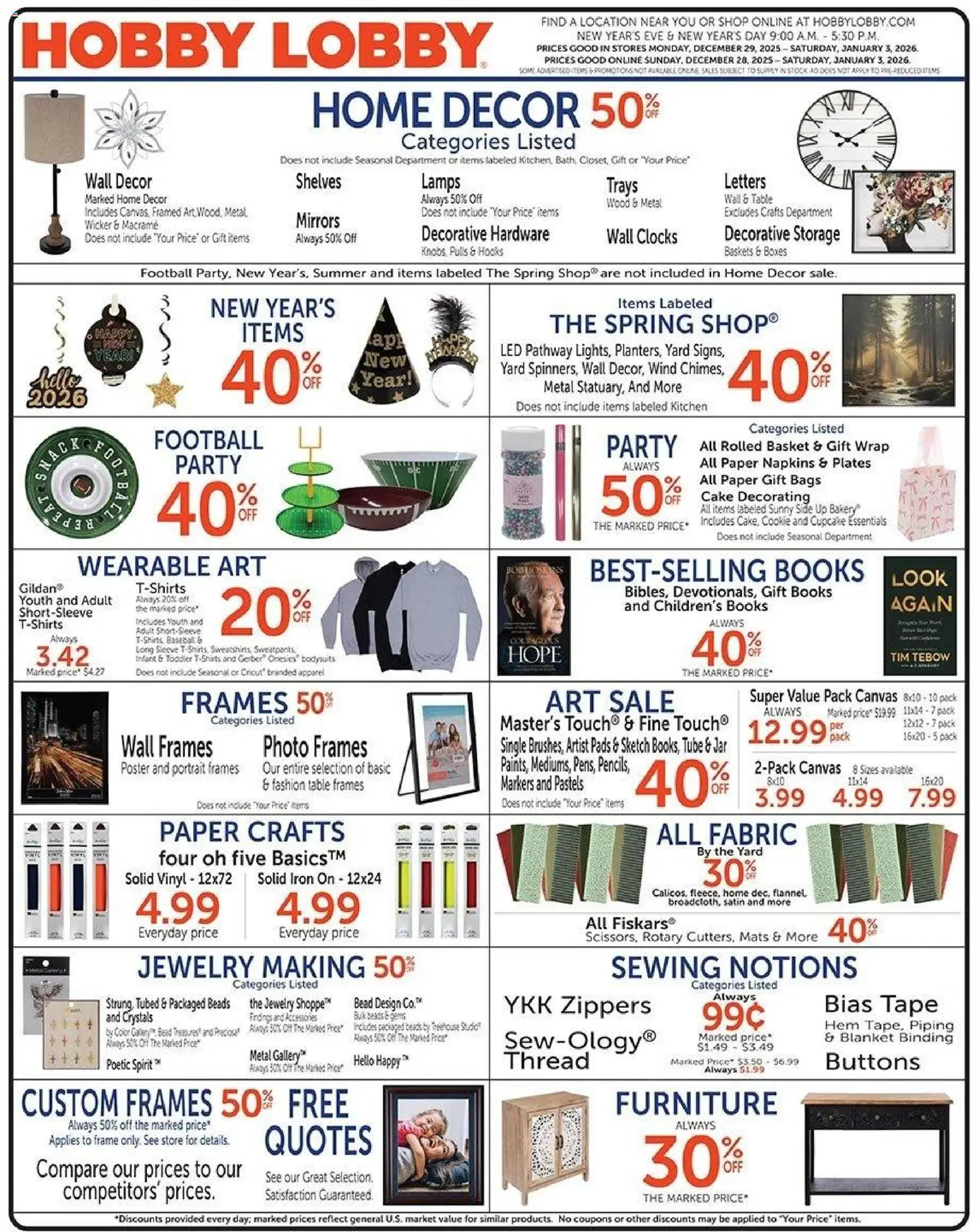Hobby Lobby Weekly Ad - page 1- valid from 12/28/2025
