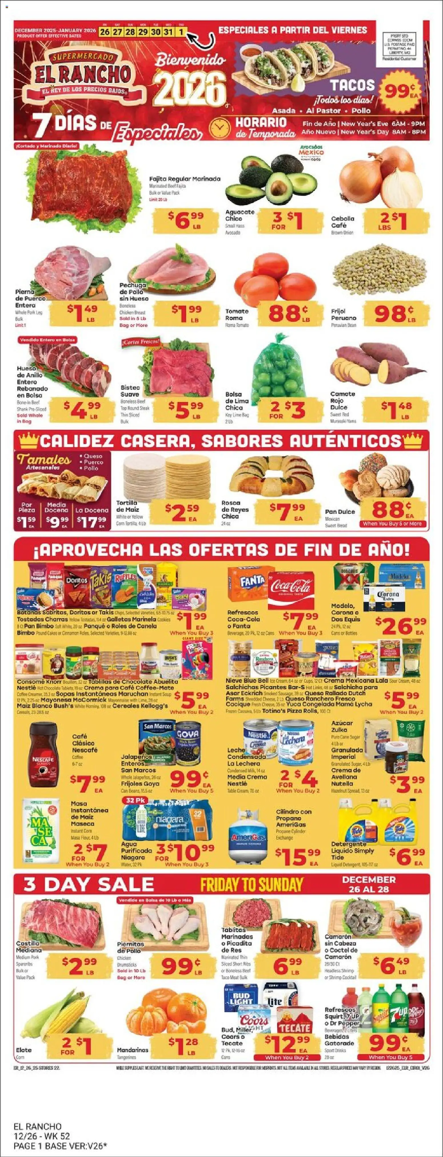 El Rancho Weekly Ad - page 1- valid from 12/26/2025