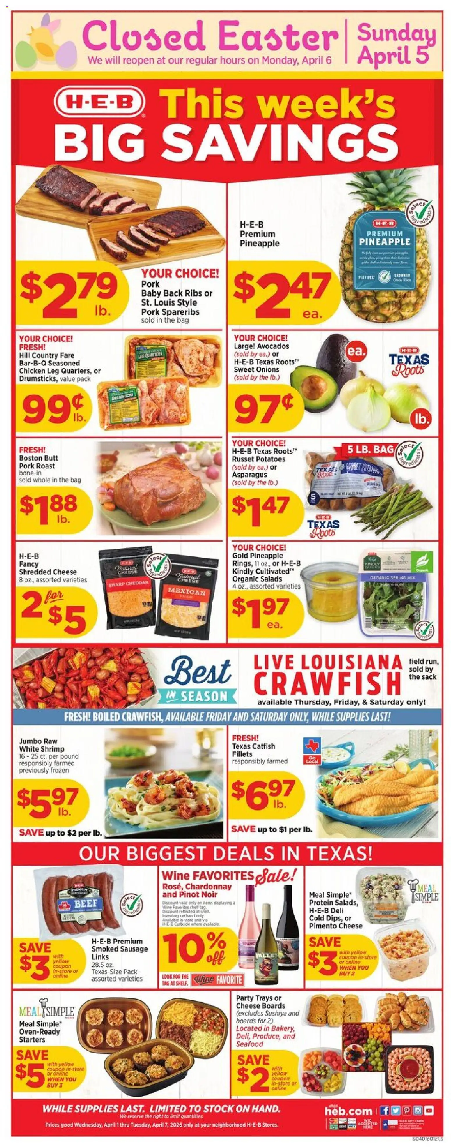 H-E-B Weekly Ad - page 1- valid from 04/01/2026