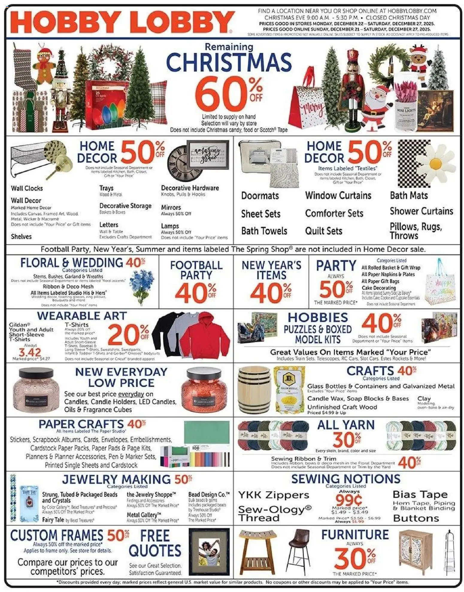 Hobby Lobby Weekly Ad - page 1- valid from 12/21/2025