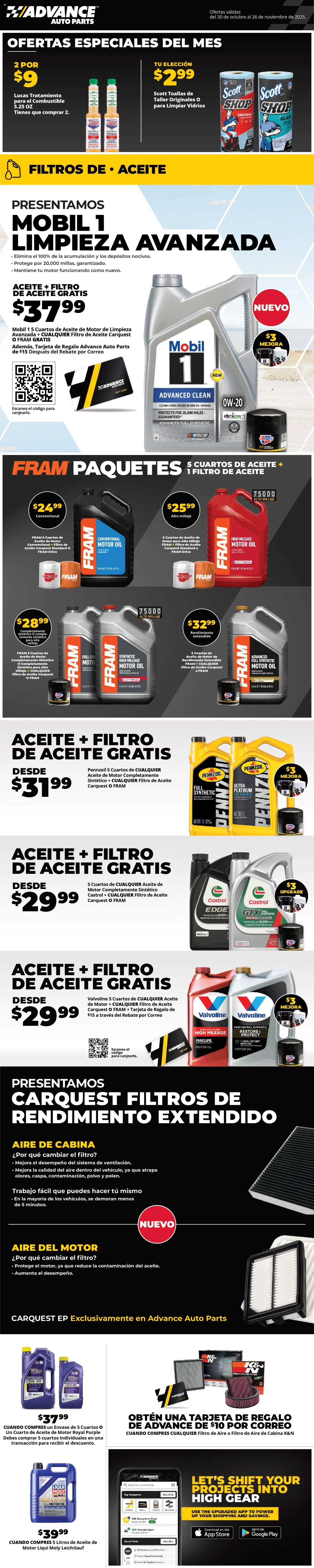 Advance Auto Parts Sales Ad - Spanish - page 1- valid from 10/30/2025