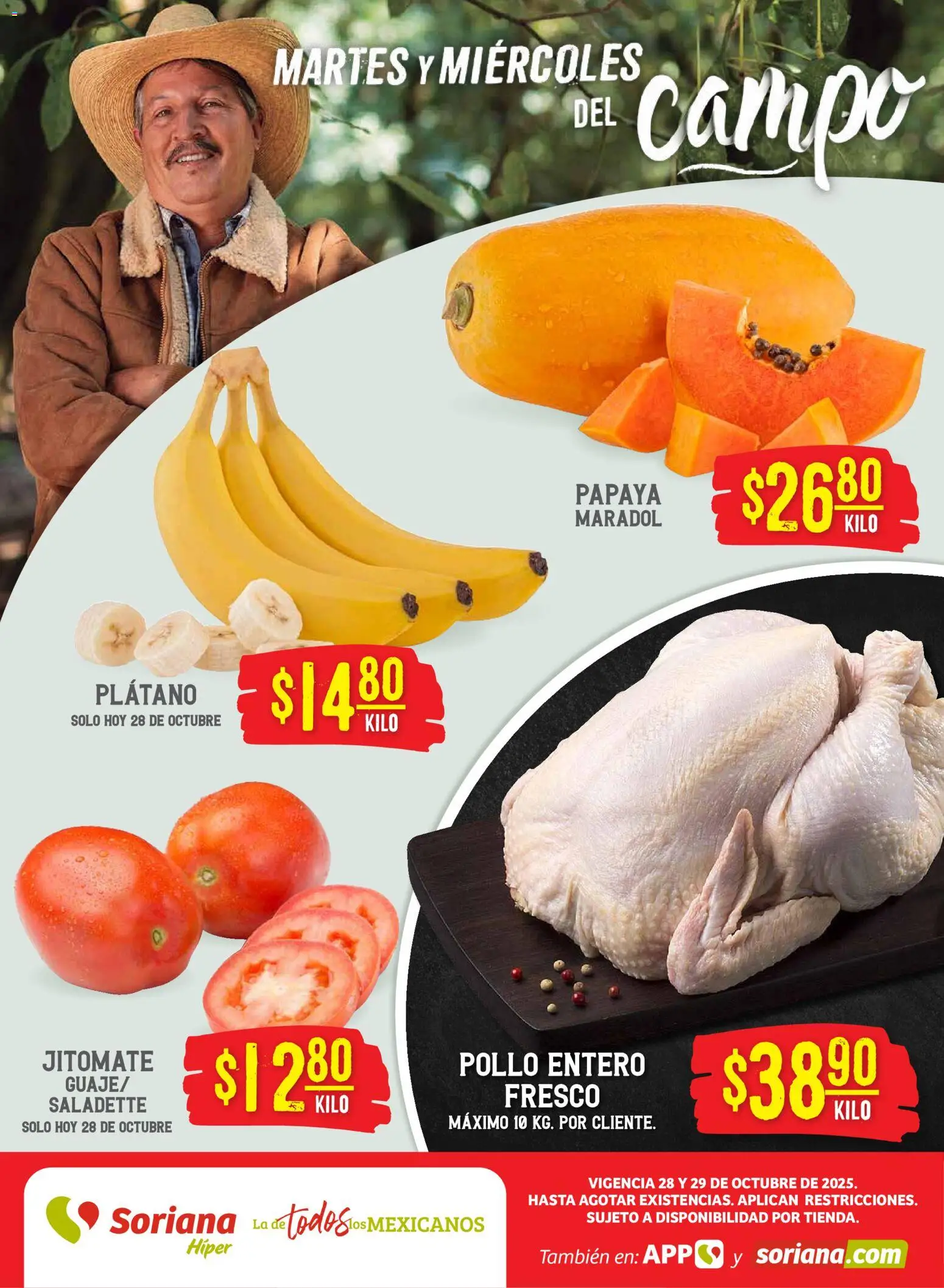 Soriana - Martes y Miércoles del Campo Híper: Ags, Nay, Jal, Qro, Col, Mich, Gto, Hgo, Tlax, Mor, Pue, Gro, Oax, Edo. de Mex, Vall - página 1- válido desde 28/10/2025