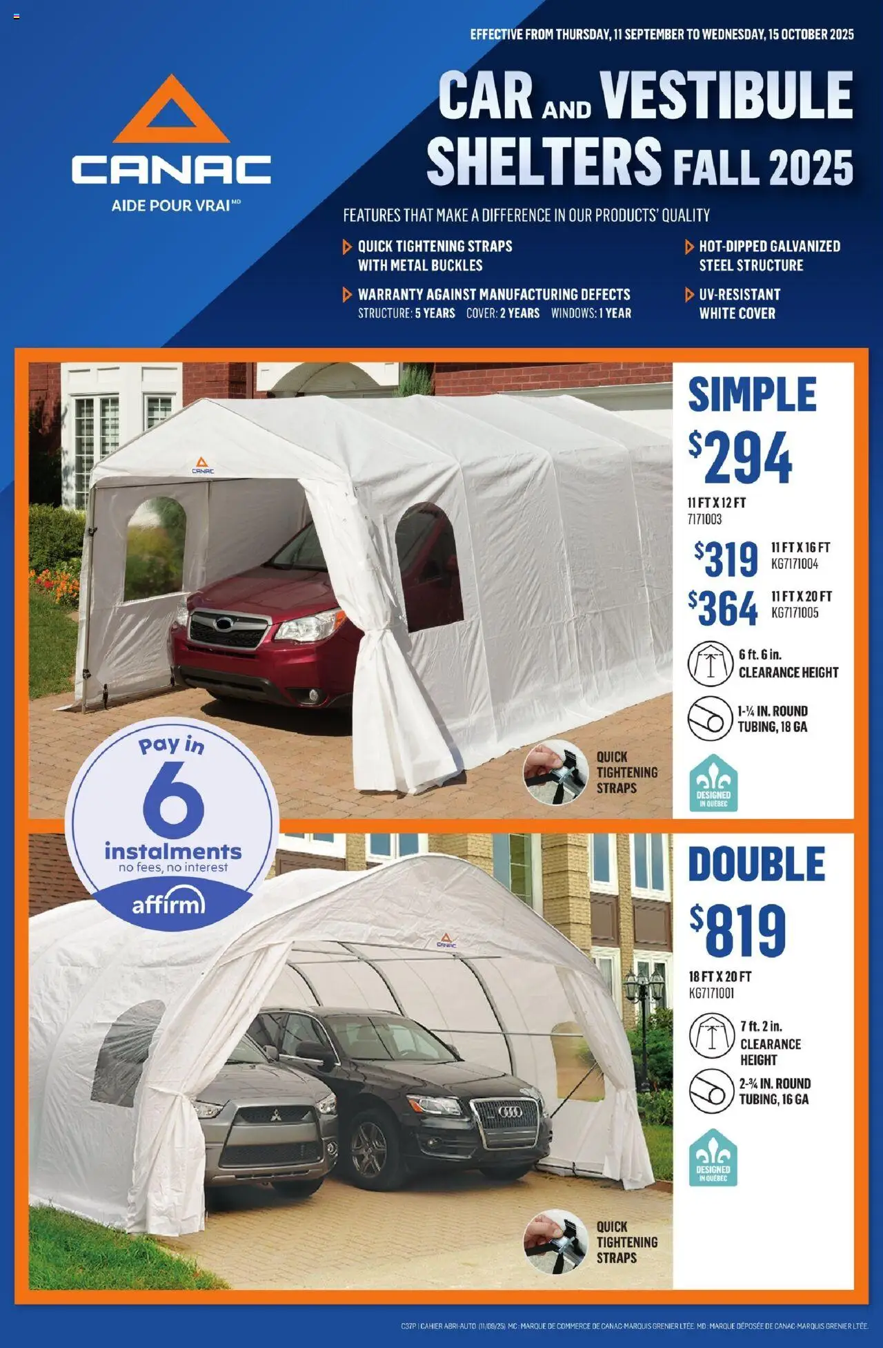 Canac flyer - Car and Vestibule Shelters Fall 2025 - page 1- valid from Sep 11, 2025