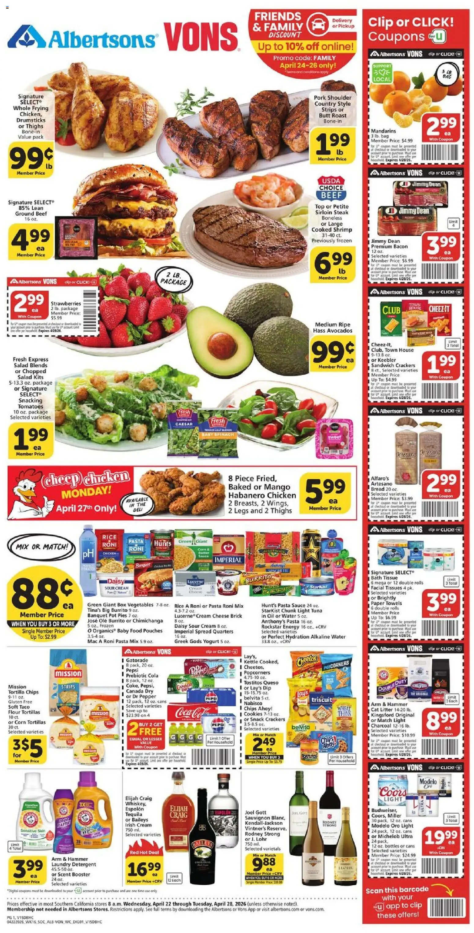 Vons Weekly Ad - page 1- valid from 04/22/2026