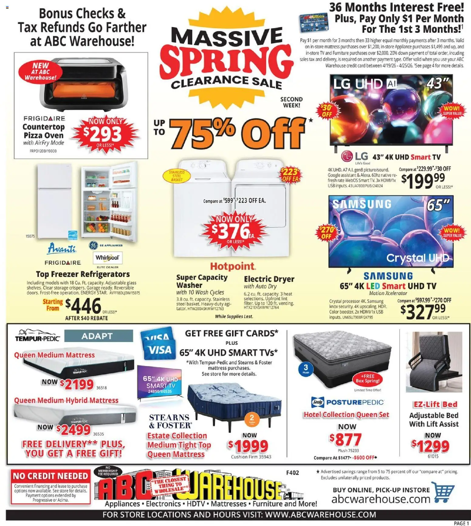 ABC Warehouse Weekly Ad - page 1- valid from 04/19/2026