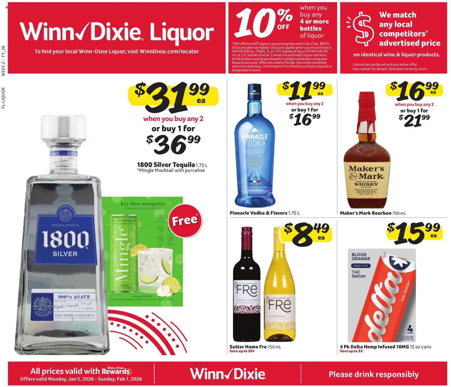 Winn Dixie Alcohol Flyer - page 1- valid from 01/05/2026