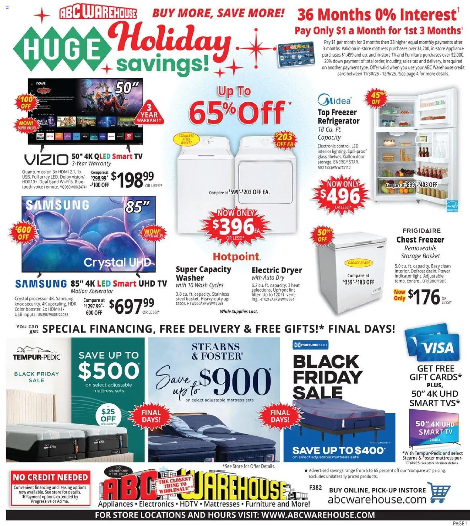 ABC Warehouse Weekly Ad - page 1- valid from 11/30/2025