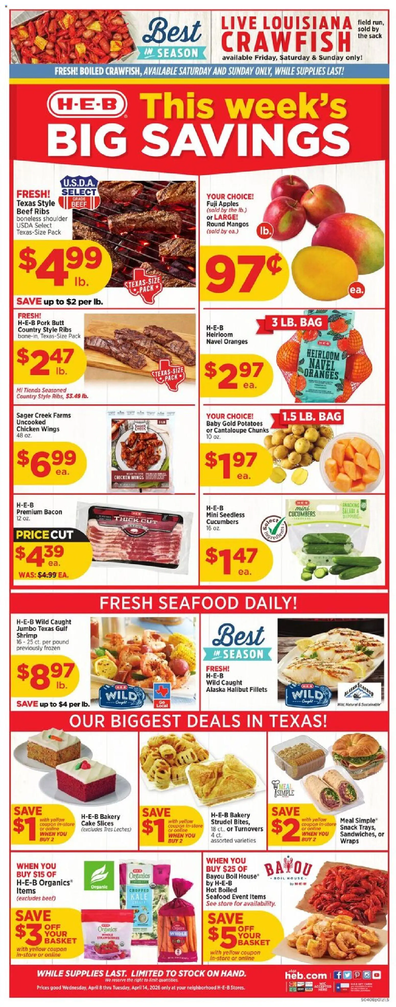 H-E-B Weekly Ad - page 1- valid from 04/08/2026