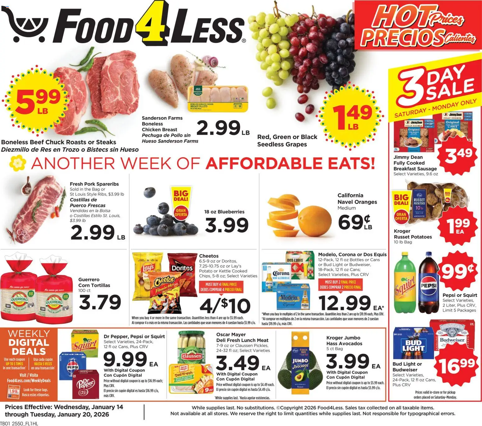 Food 4 Less Weekly Ad - page 1- valid from 01/14/2026