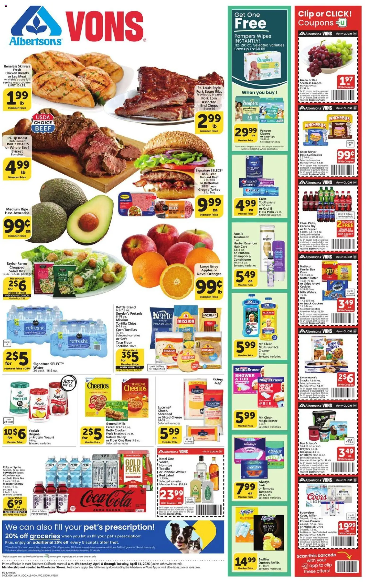 Vons Weekly Ad - page 1- valid from 04/08/2026