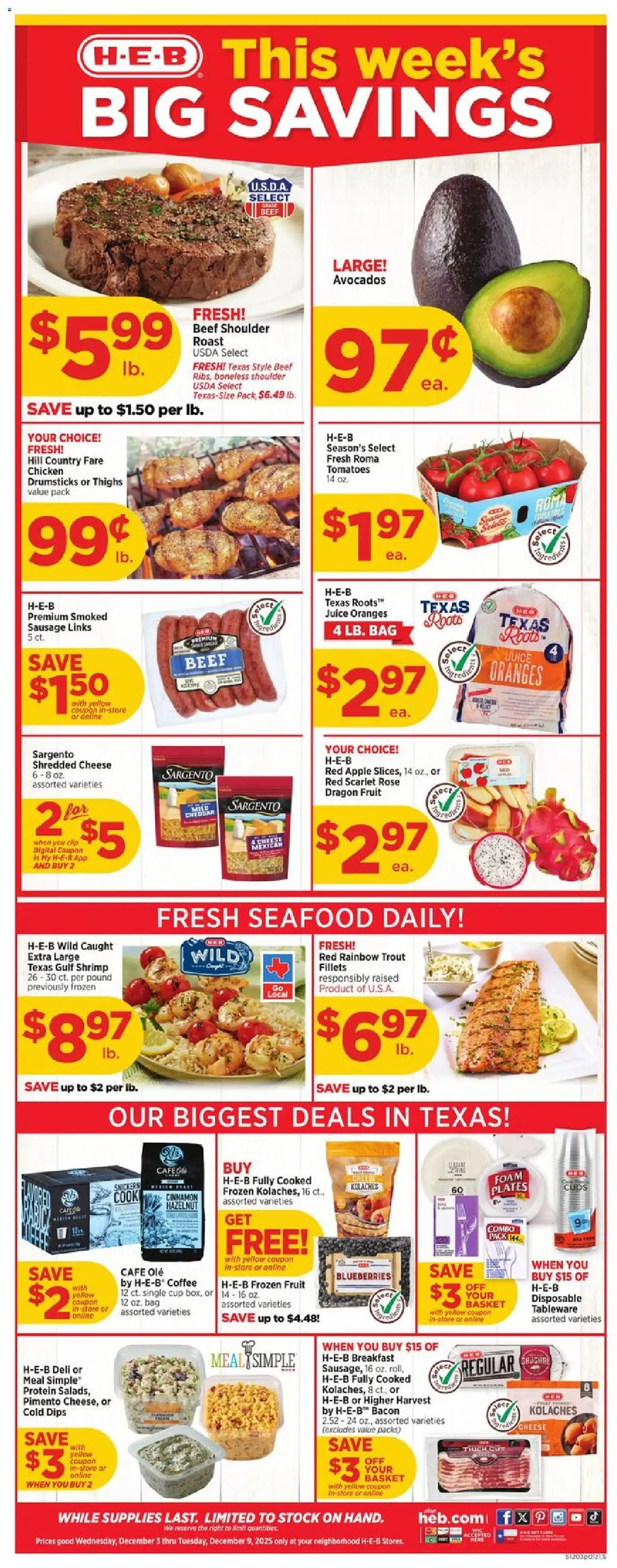 H-E-B Weekly Ad - page 1- valid from 12/03/2025