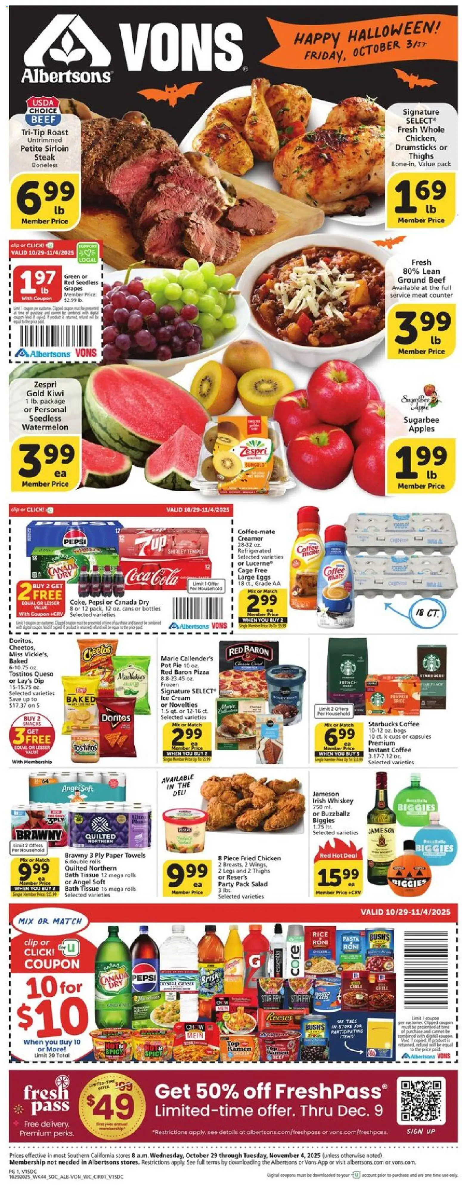 Vons Weekly Ad - page 1- valid from 10/29/2025