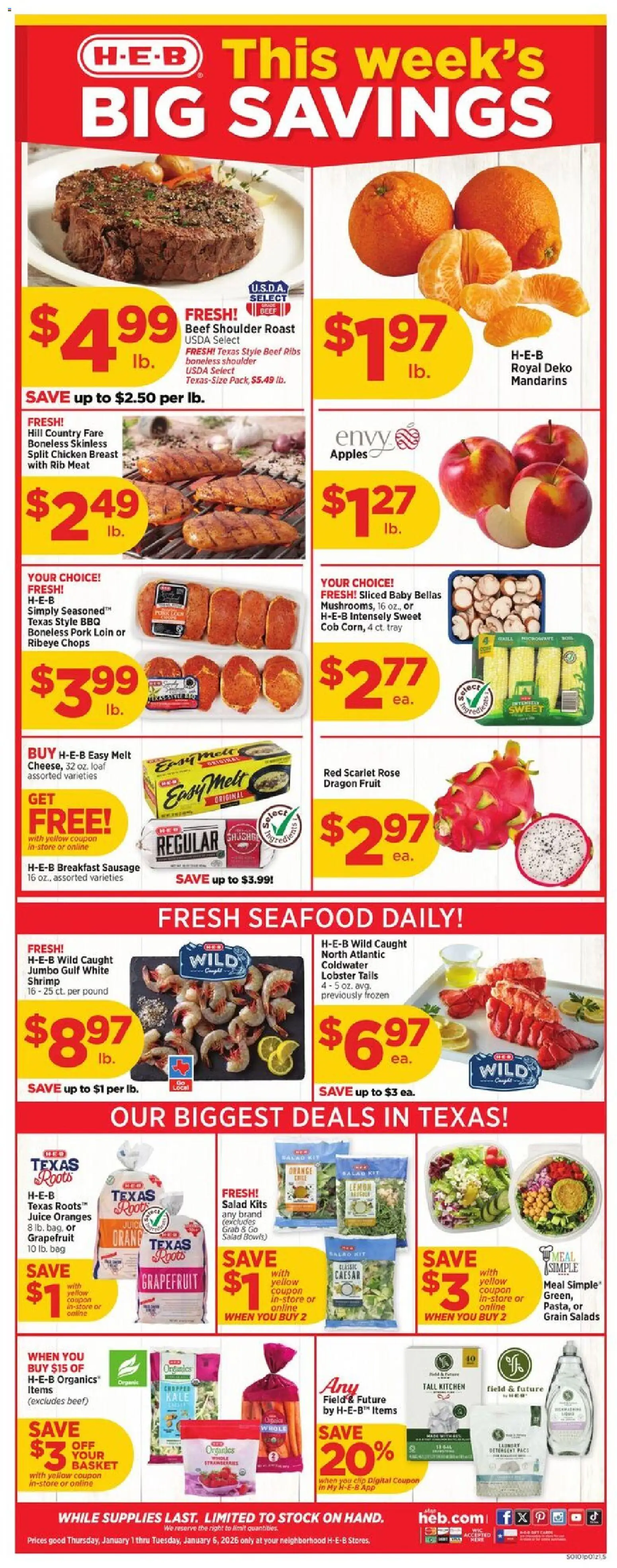 H-E-B Weekly Ad - page 1- valid from 01/01/2026