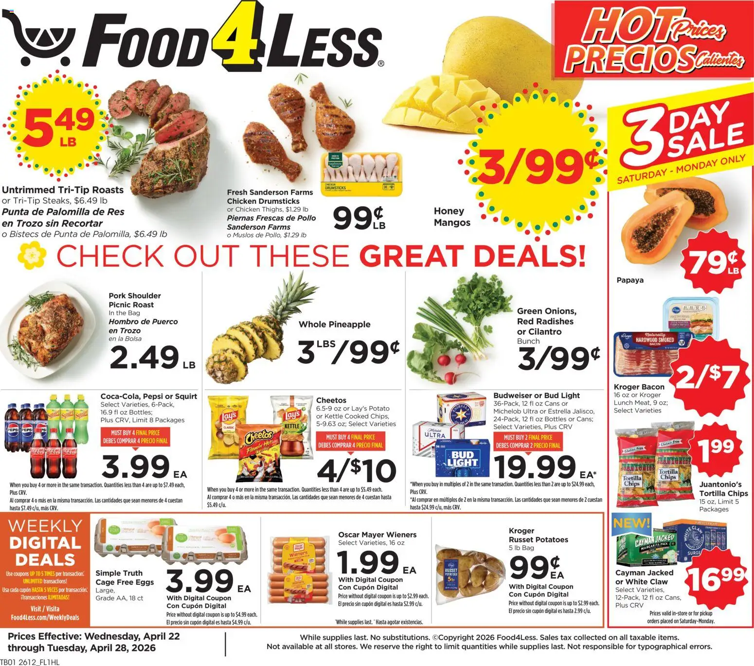 Food 4 Less Weekly Ad - page 1- valid from 04/22/2026