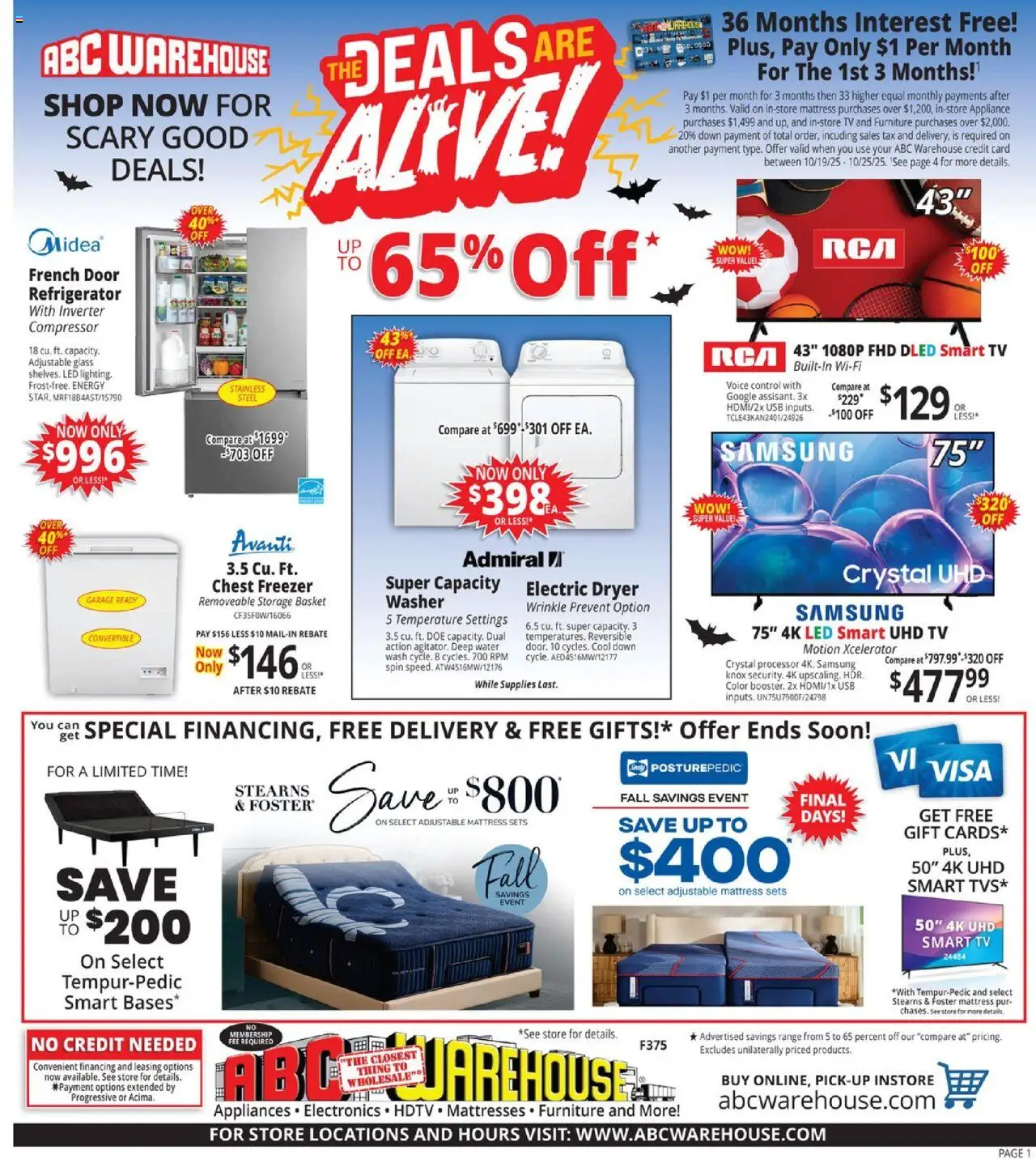 ABC Warehouse Weekly Ad - page 1- valid from 10/19/2025