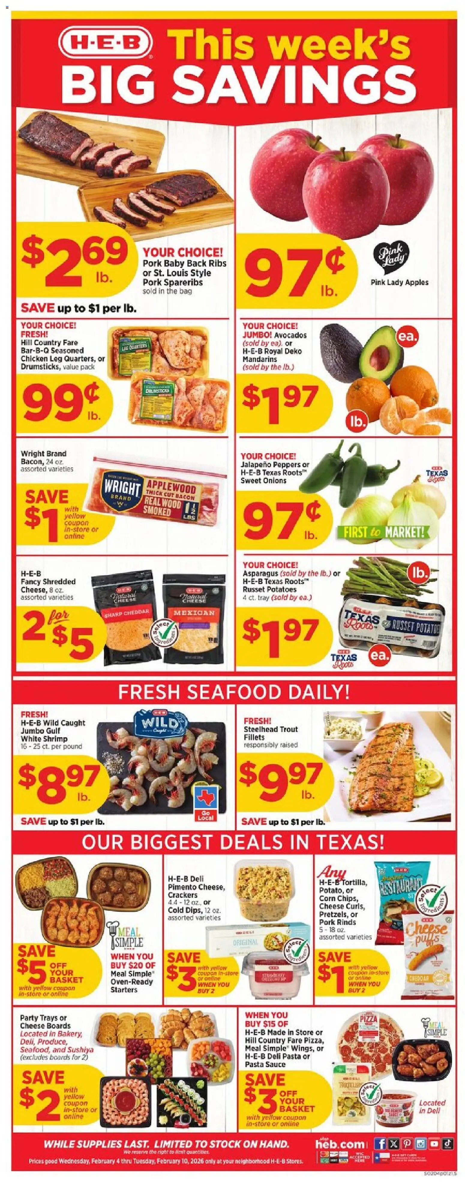 H-E-B Weekly Ad - page 1- valid from 02/04/2026