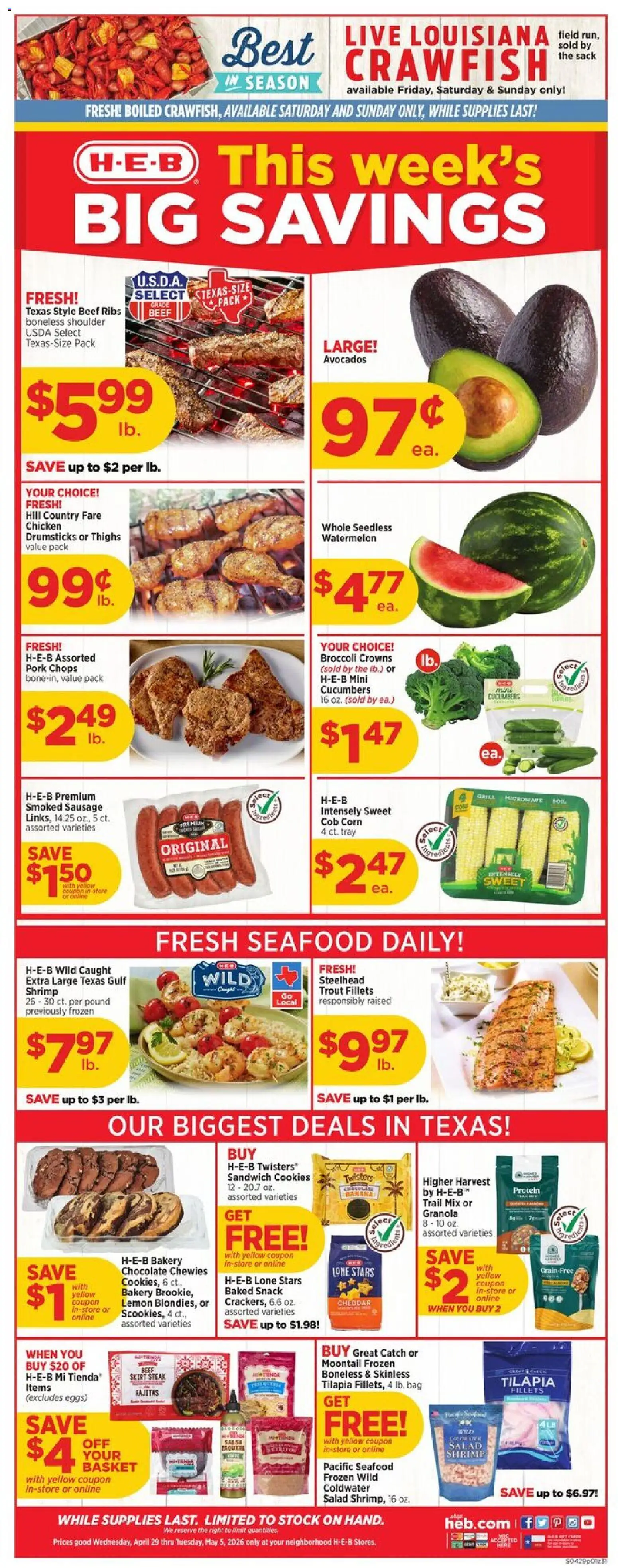 H-E-B Weekly Ad - page 1- valid from 04/29/2026