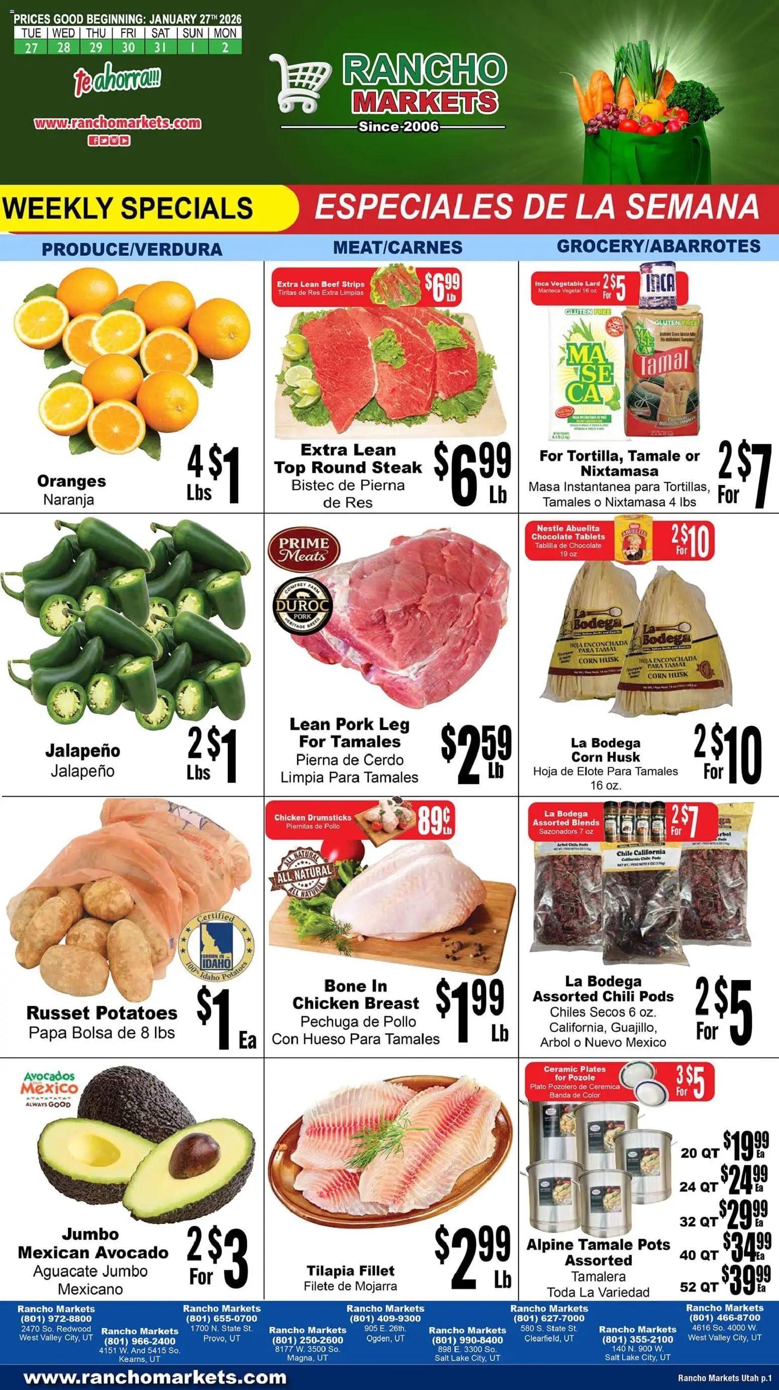 Rancho Markets Weekly Ad - page 1- valid from 01/27/2026
