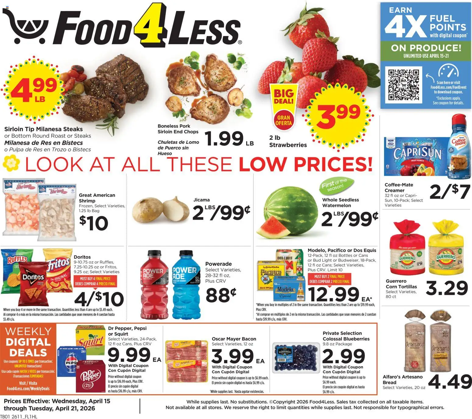 Food 4 Less Weekly Ad - page 1- valid from 04/15/2026