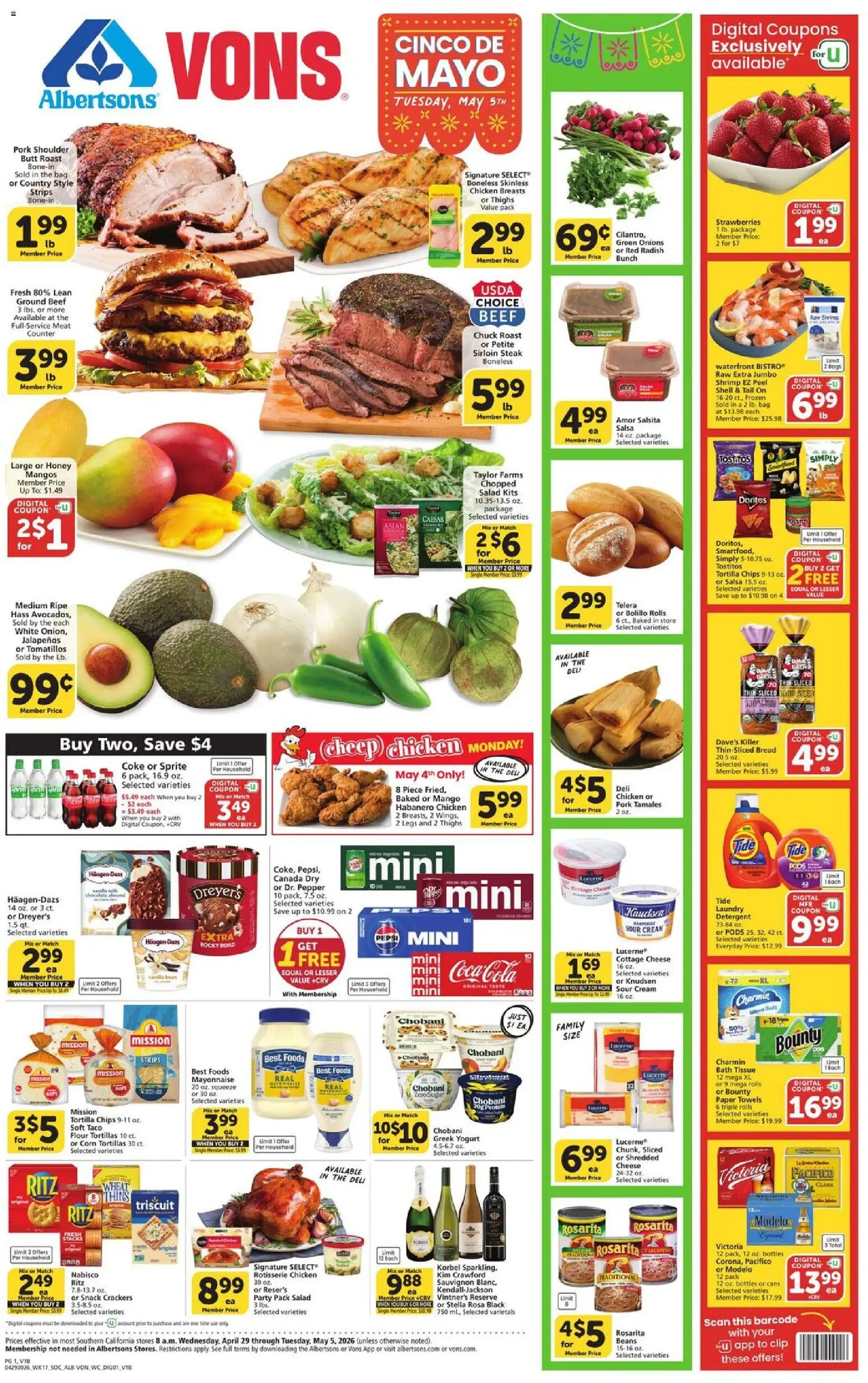 Vons Weekly Ad - page 1- valid from 04/29/2026