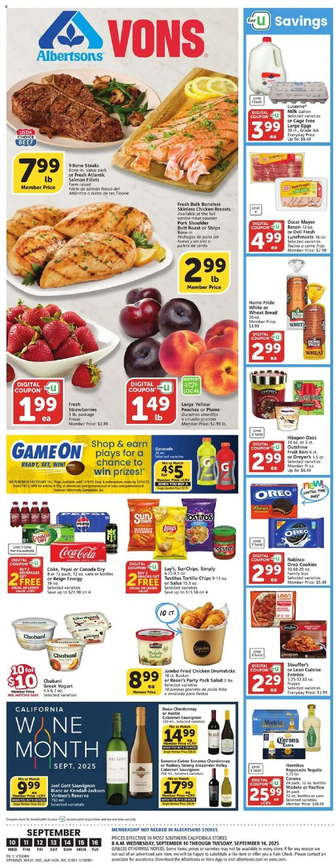 Vons Weekly Ad - page 1- valid from 09/10/2025