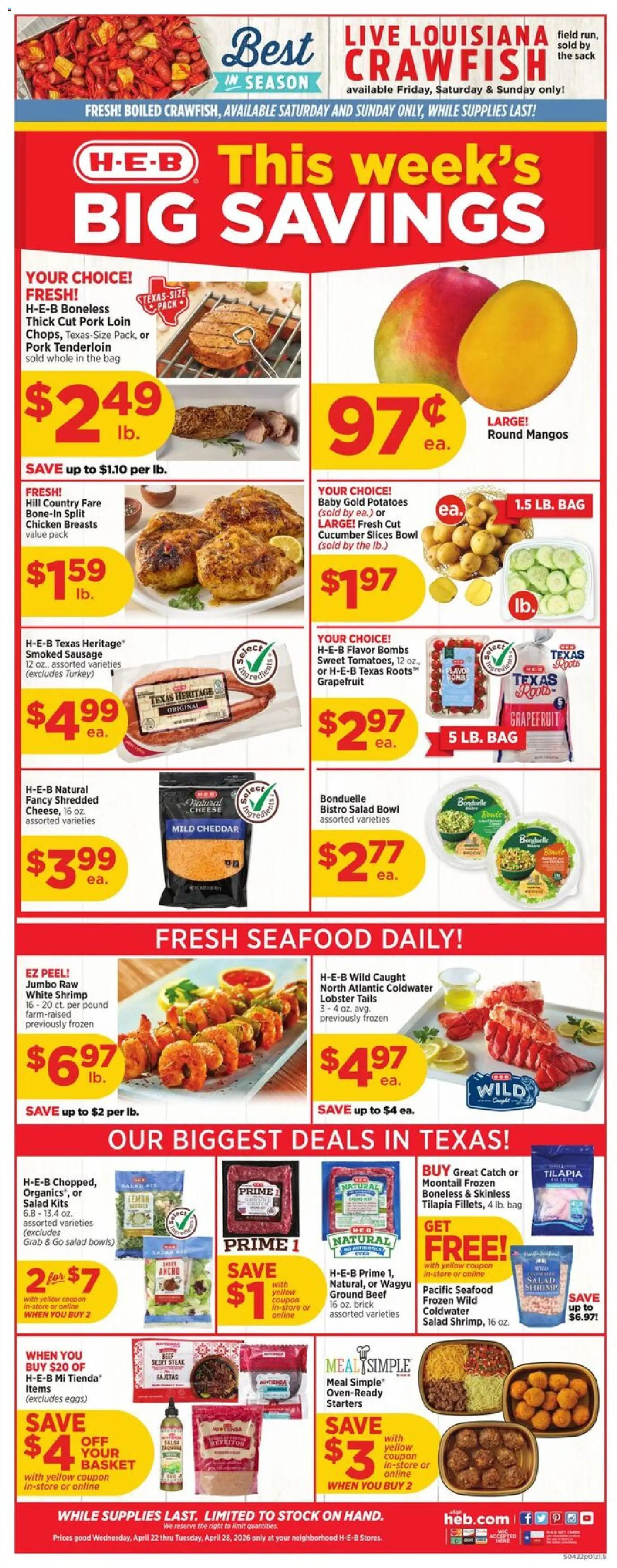 H-E-B Weekly Ad - page 1- valid from 04/22/2026
