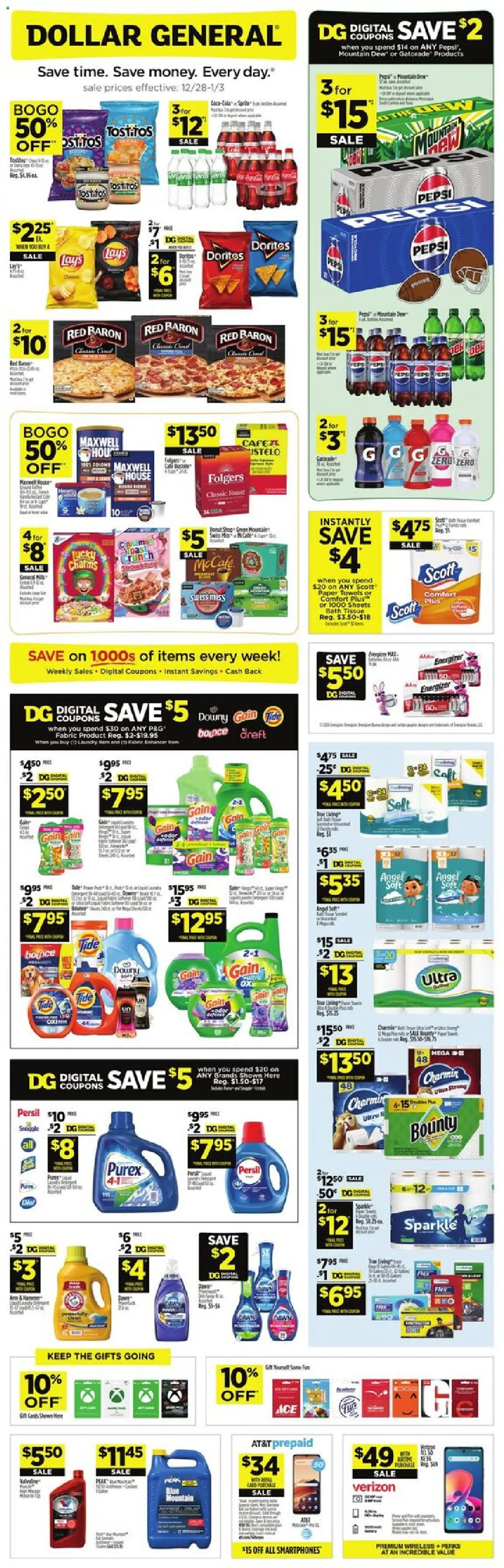 Dollar General Weekly Ad - page 1- valid from 12/28/2025