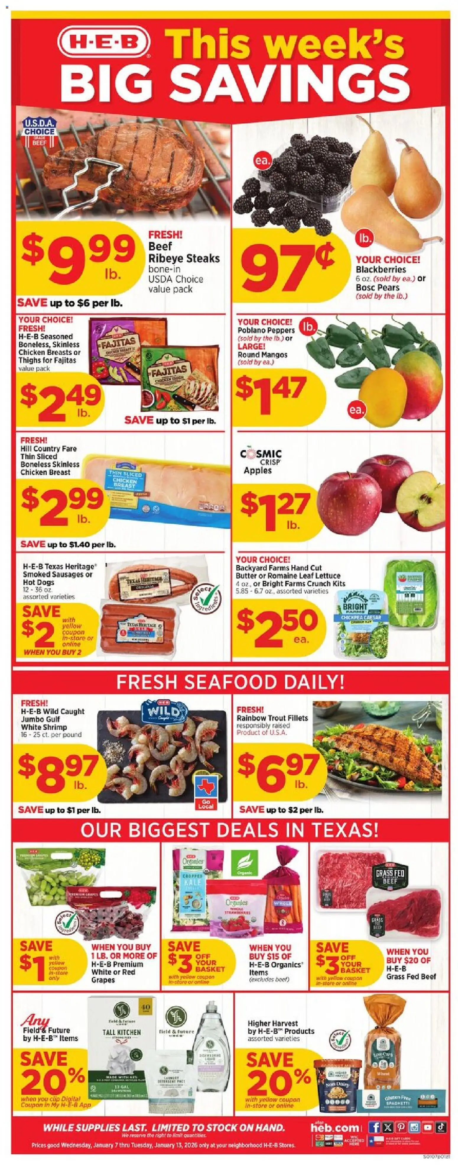 H-E-B Weekly Ad - page 1- valid from 01/07/2026