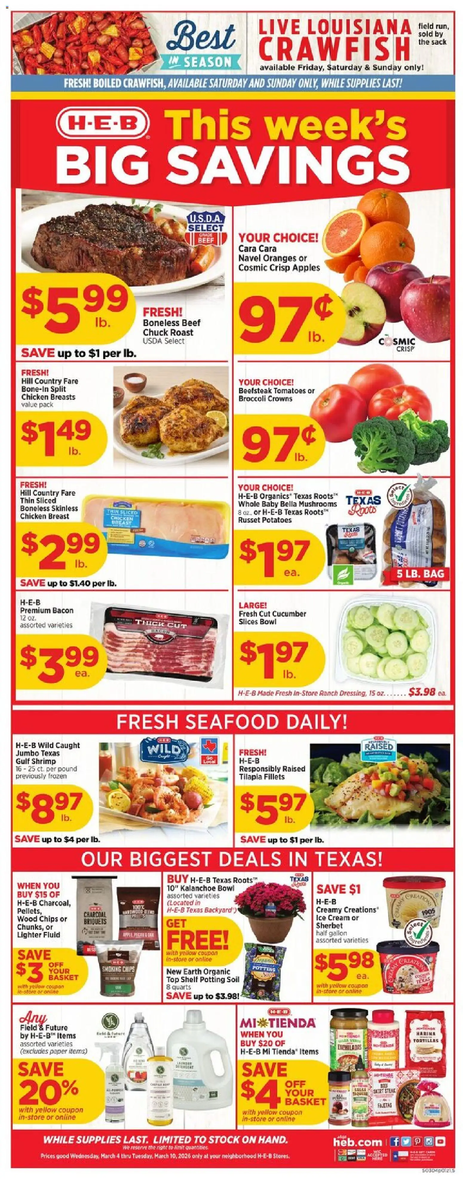 H-E-B Weekly Ad - page 1- valid from 03/04/2026