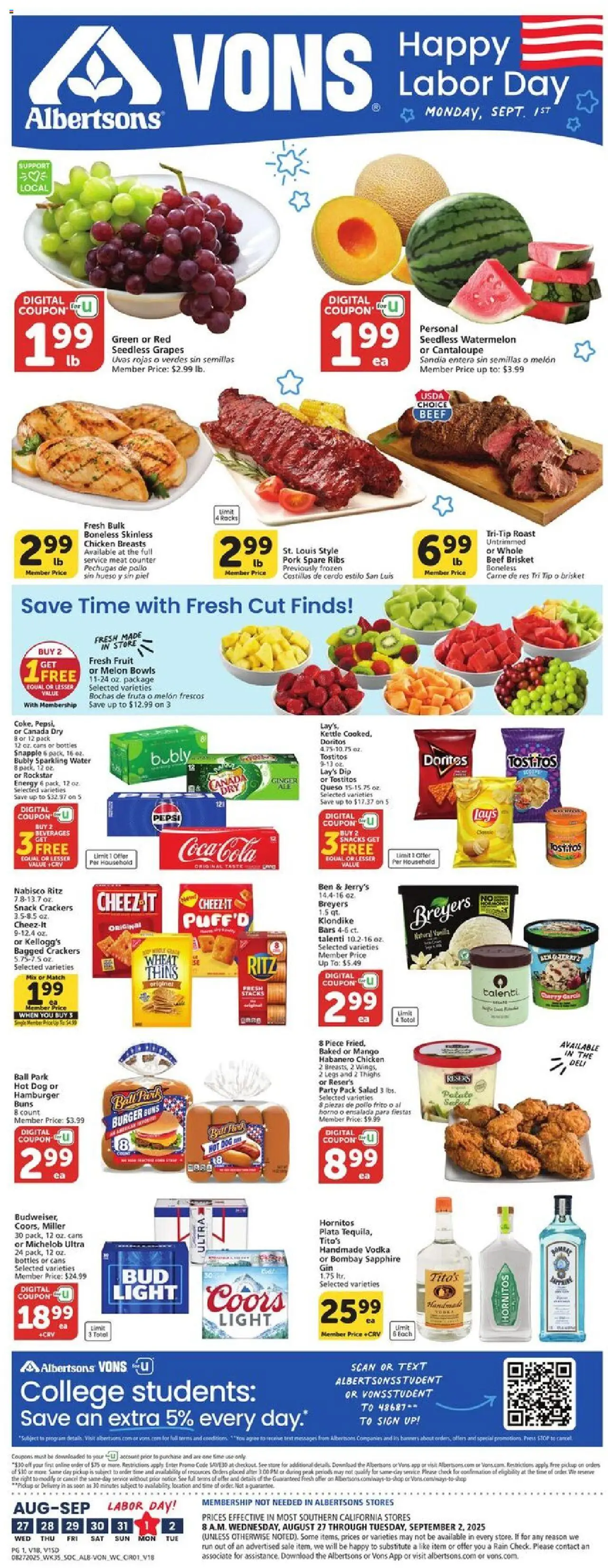Vons Weekly Ad - page 1- valid from 08/27/2025