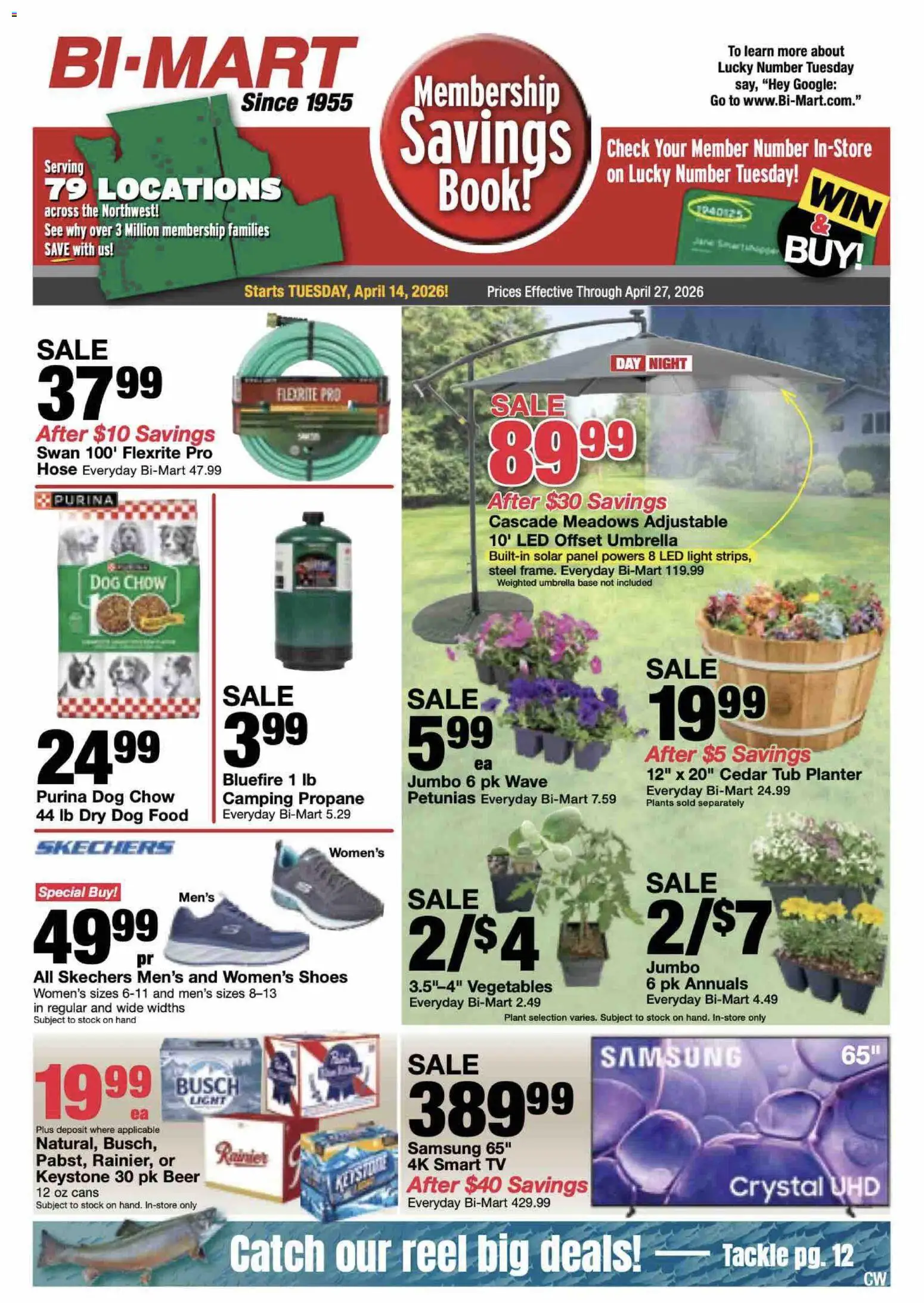 Bi-Mart Membership Savings Book - page 1- valid from 04/14/2026